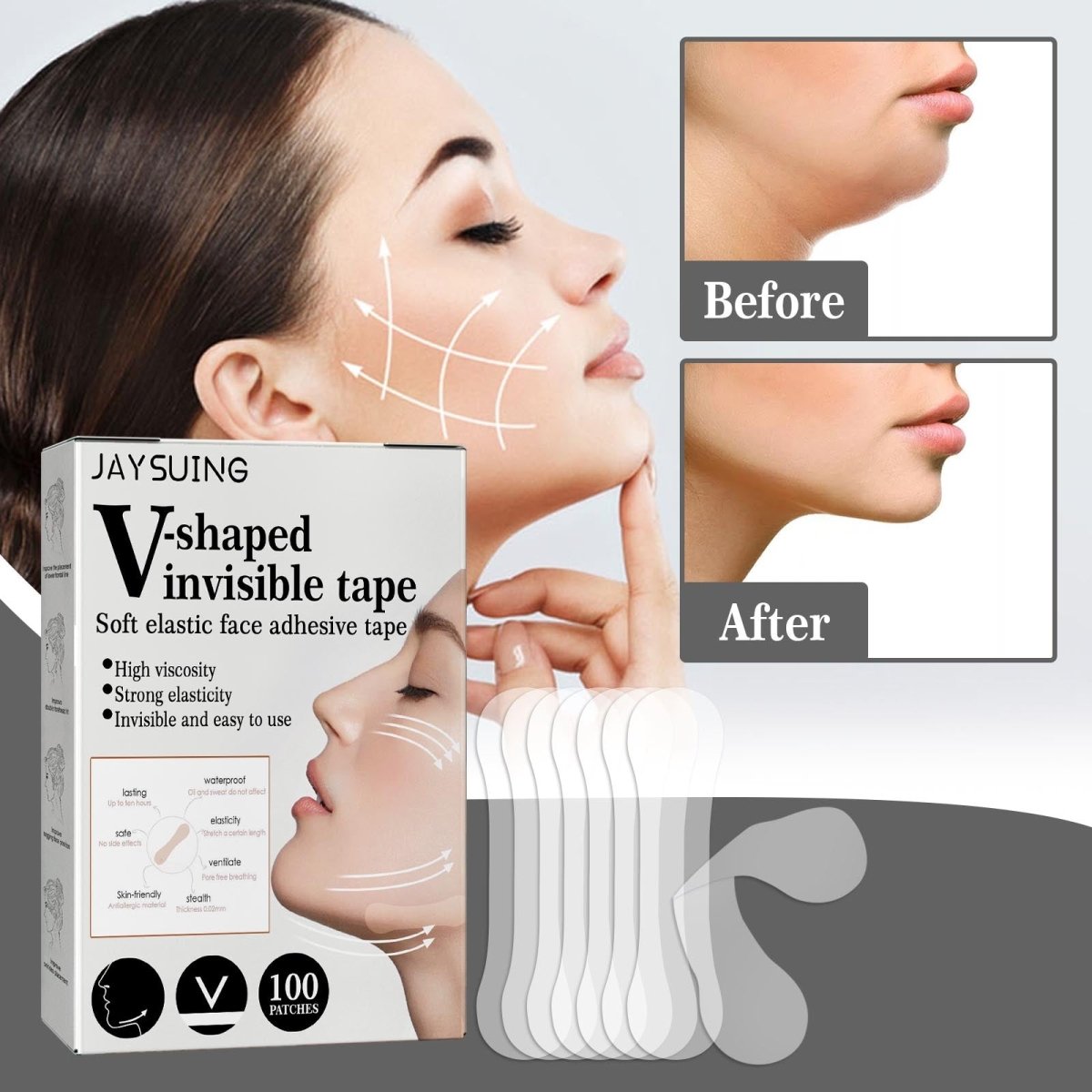 Face Lift Tape Invisible – V - Shape Instant Lift, Waterproof Hypoallergenic Stickers, 100pcs for Daily Use - Upkinify Inc. All Rights Reserved