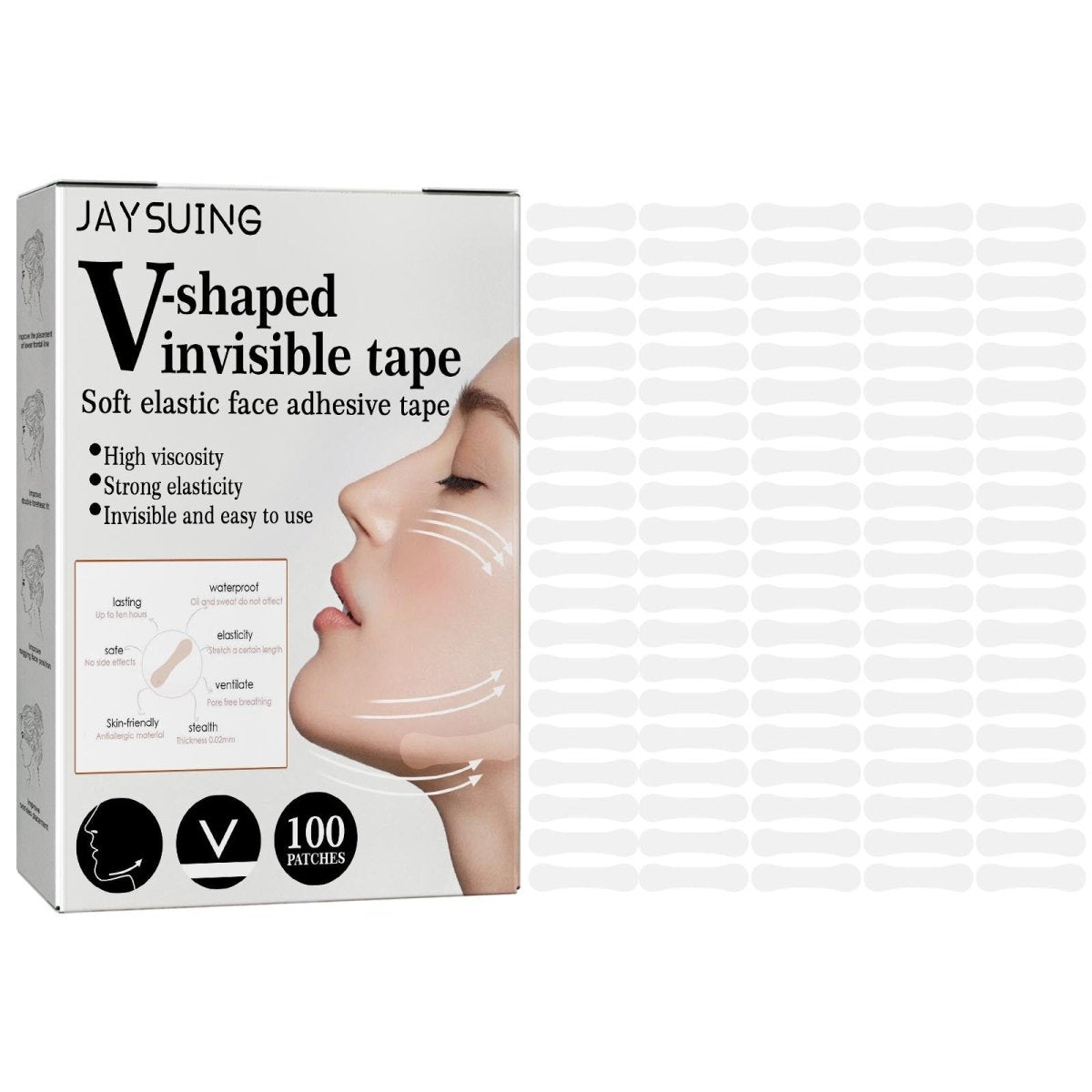 Face Lift Tape Invisible – V - Shape Instant Lift, Waterproof Hypoallergenic Stickers, 100pcs for Daily Use - Upkinify Inc. All Rights Reserved