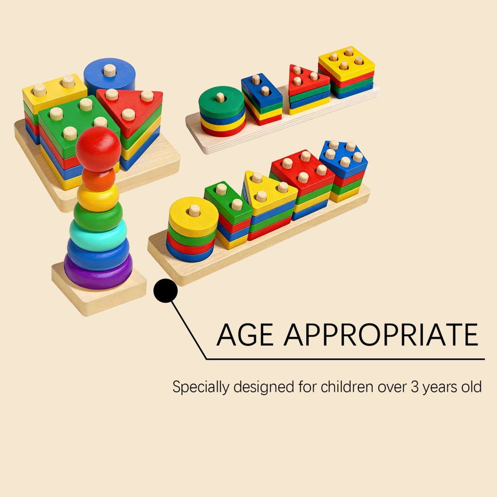 Wooden Stacking & Sorting Toy – Geometric Shape Blocks, Montessori Educational Toy for Toddlers - Upkinify Inc. All Rights Reserved