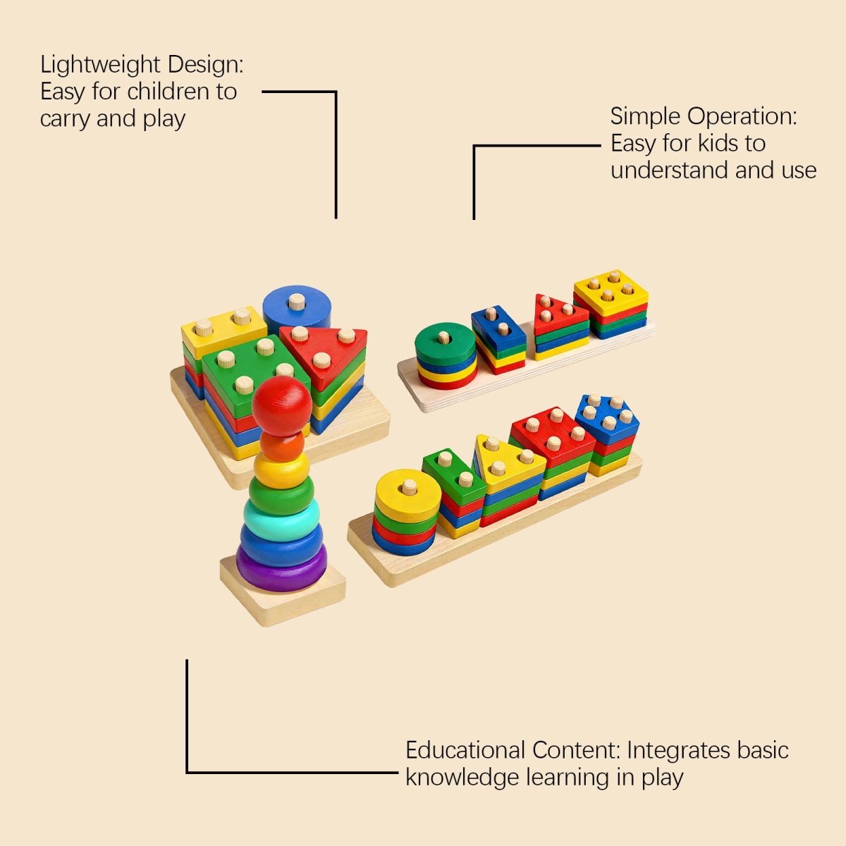 Wooden Stacking & Sorting Toy – Geometric Shape Blocks, Montessori Educational Toy for Toddlers - Upkinify Inc. All Rights Reserved