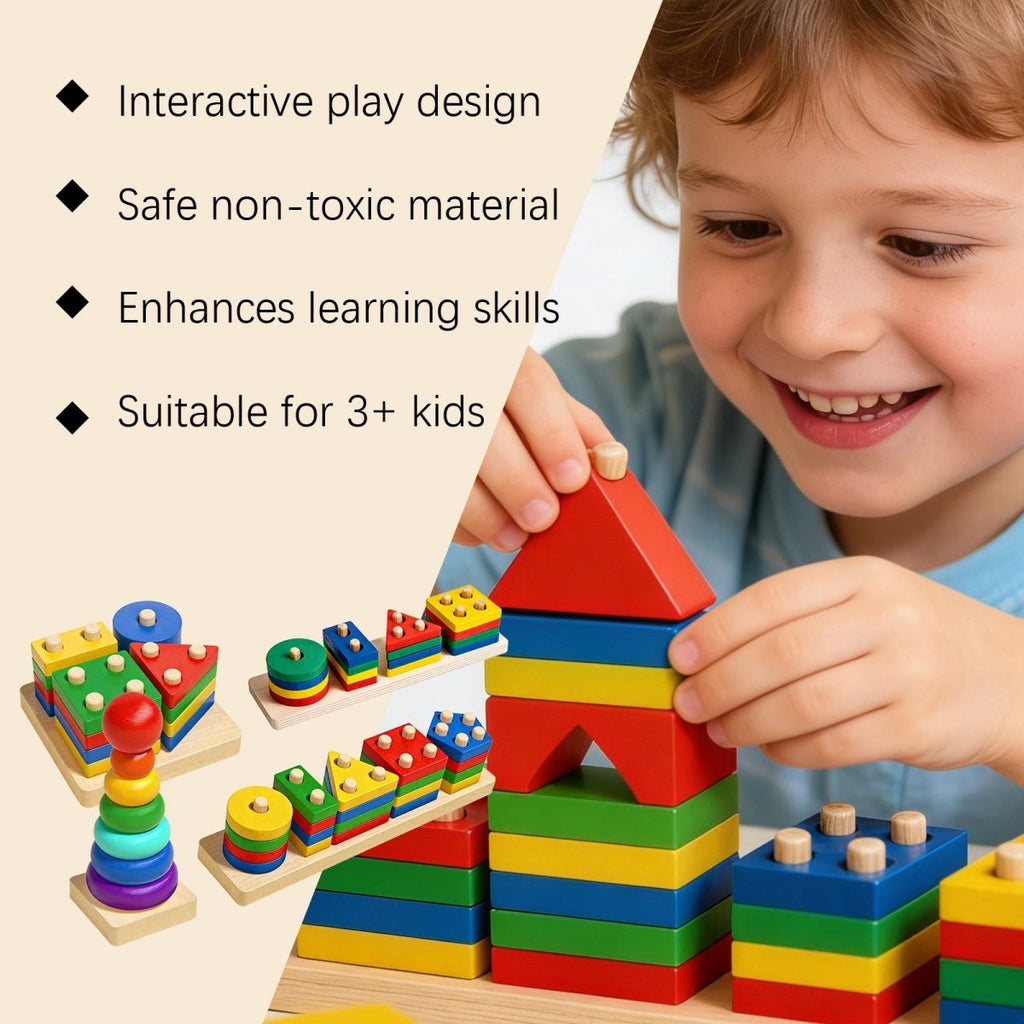 Wooden Stacking & Sorting Toy – Geometric Shape Blocks, Montessori Educational Toy for Toddlers - Upkinify Inc. All Rights Reserved