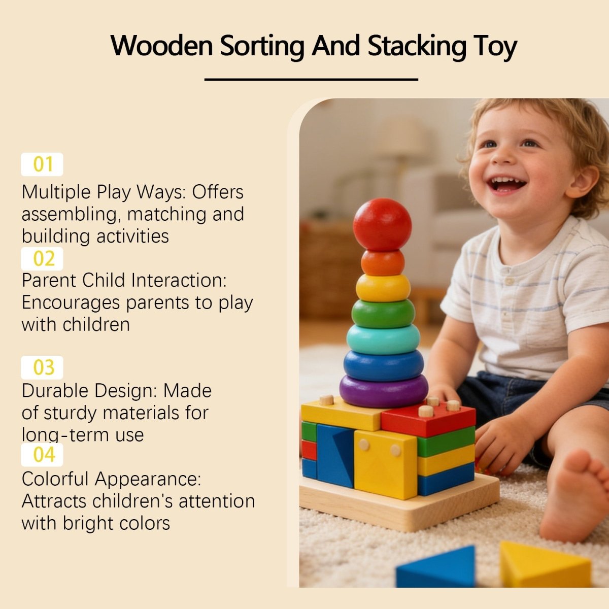 Wooden Stacking & Sorting Toy – Geometric Shape Blocks, Montessori Educational Toy for Toddlers - Upkinify Inc. All Rights Reserved