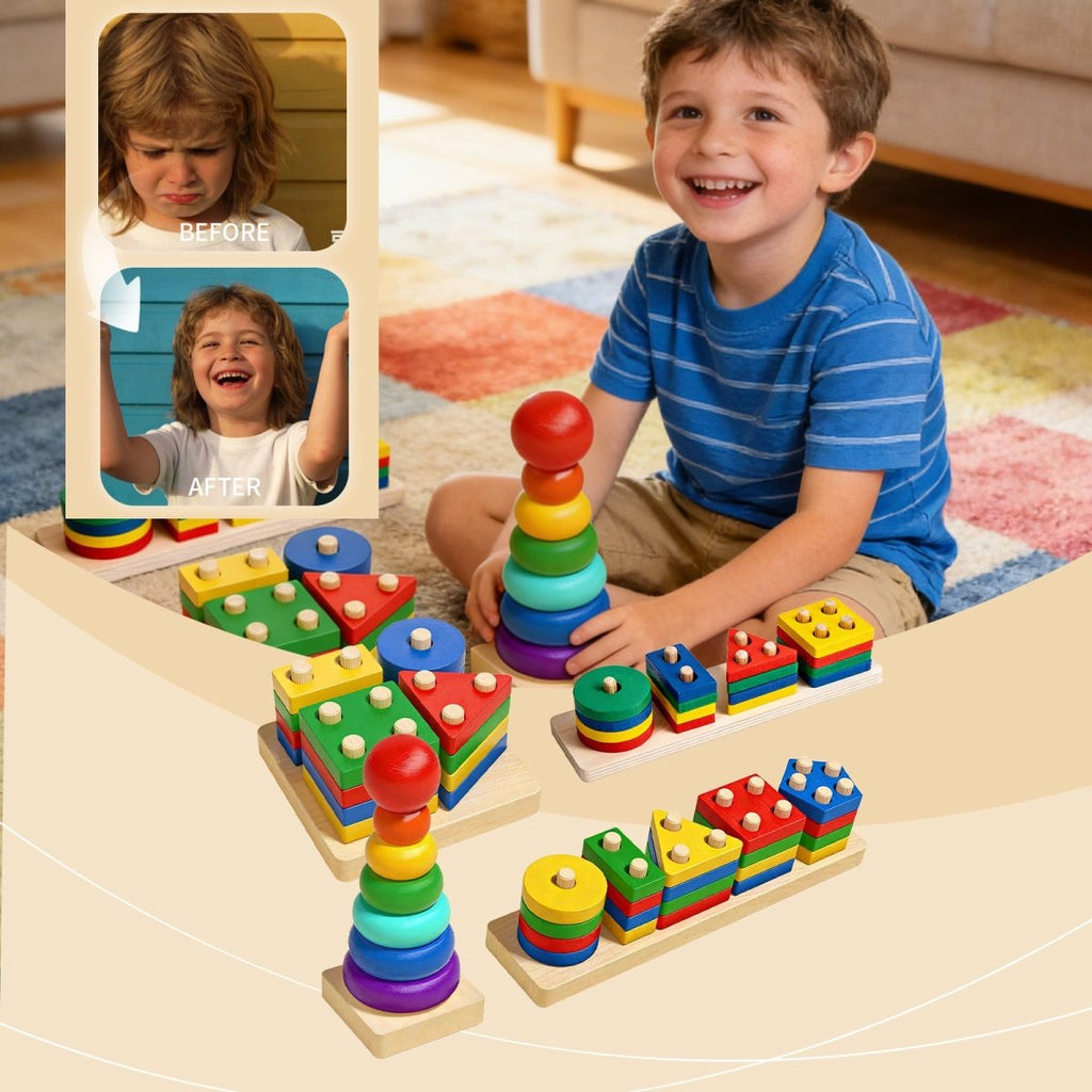 Wooden Stacking & Sorting Toy – Geometric Shape Blocks, Montessori Educational Toy for Toddlers - Upkinify Inc. All Rights Reserved