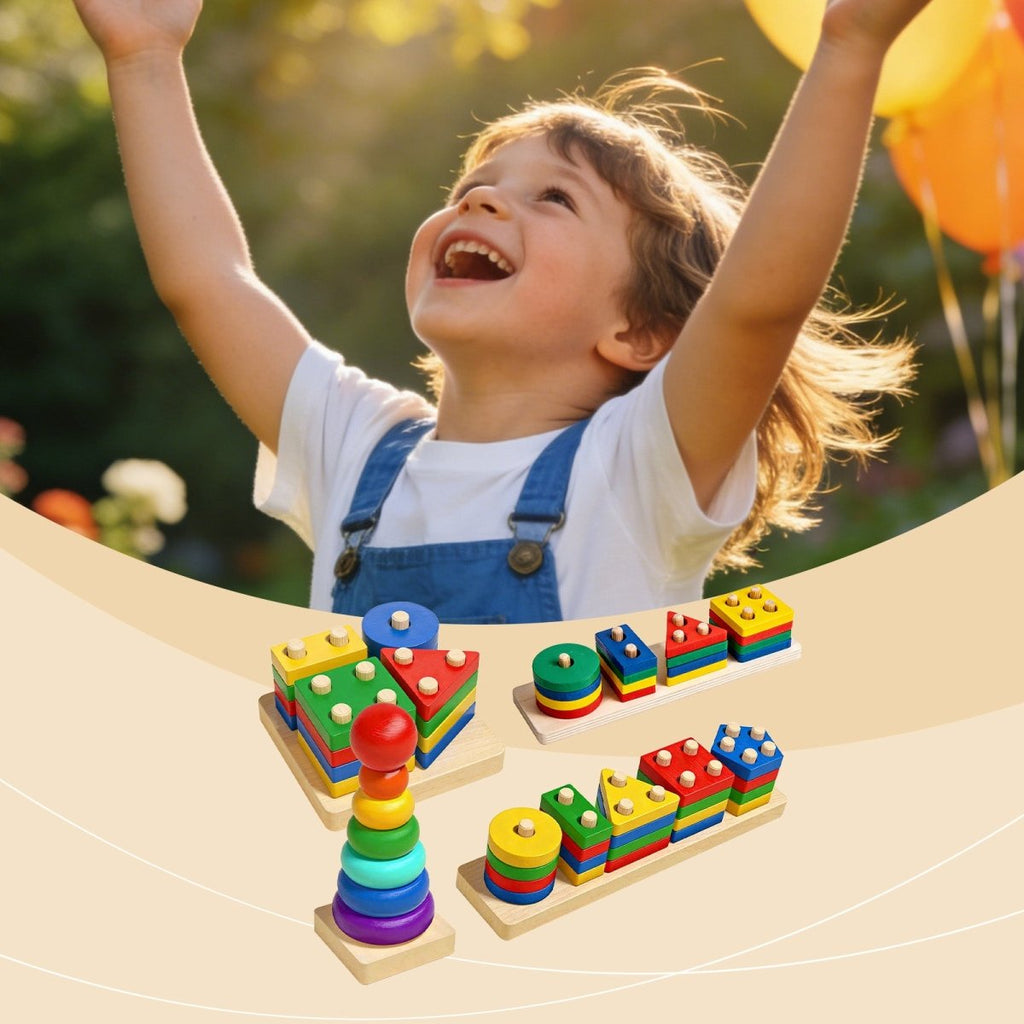 Wooden Stacking & Sorting Toy – Geometric Shape Blocks, Montessori Educational Toy for Toddlers - Upkinify Inc. All Rights Reserved